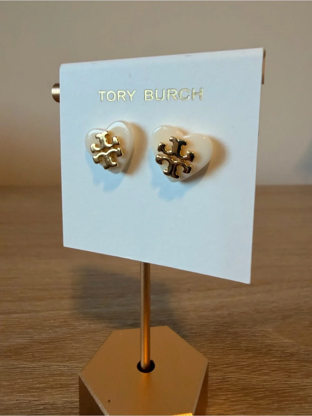 Tory Burch White Enamel Heart Logo Stud Earrings